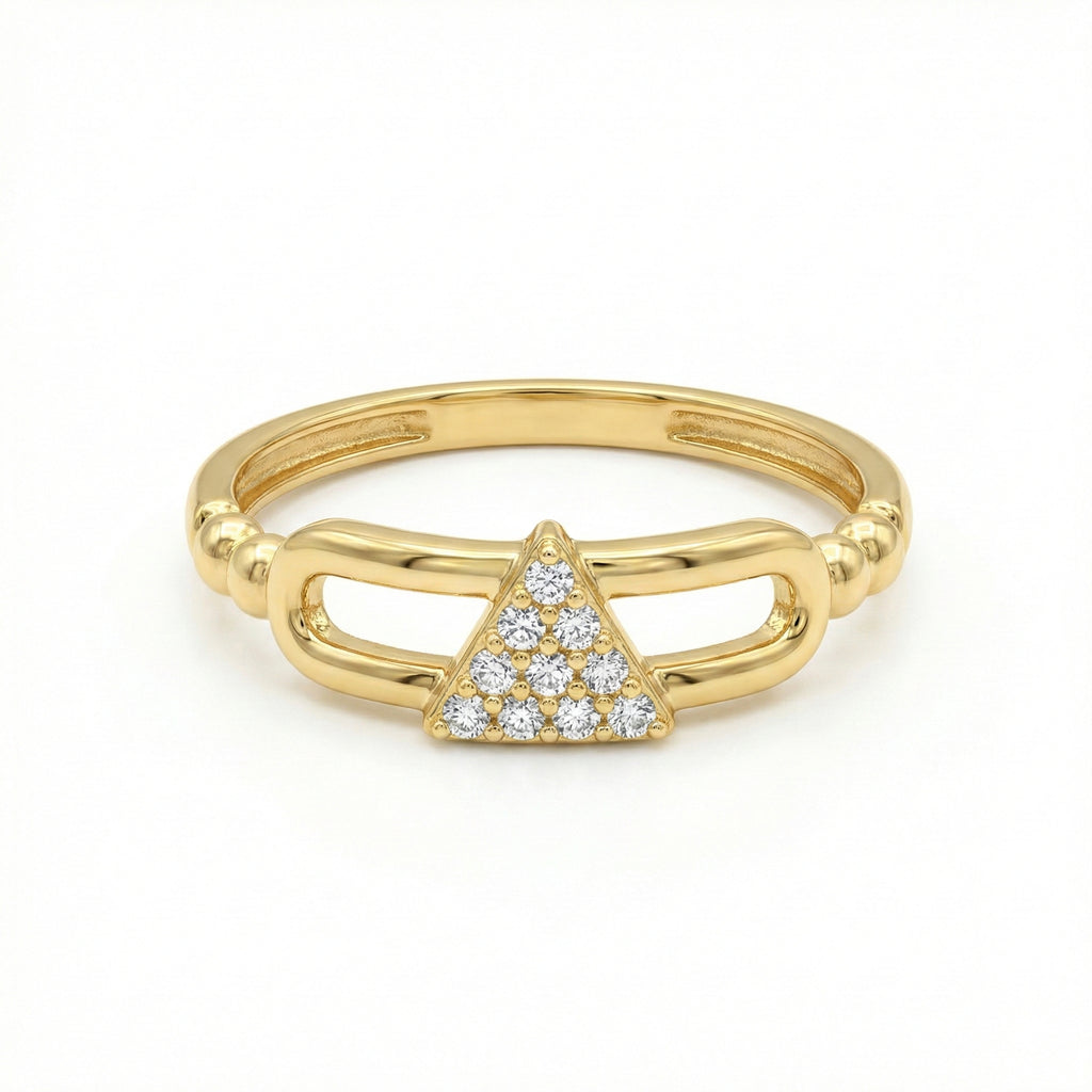 Gold ring with a diamond triangle design on a white background