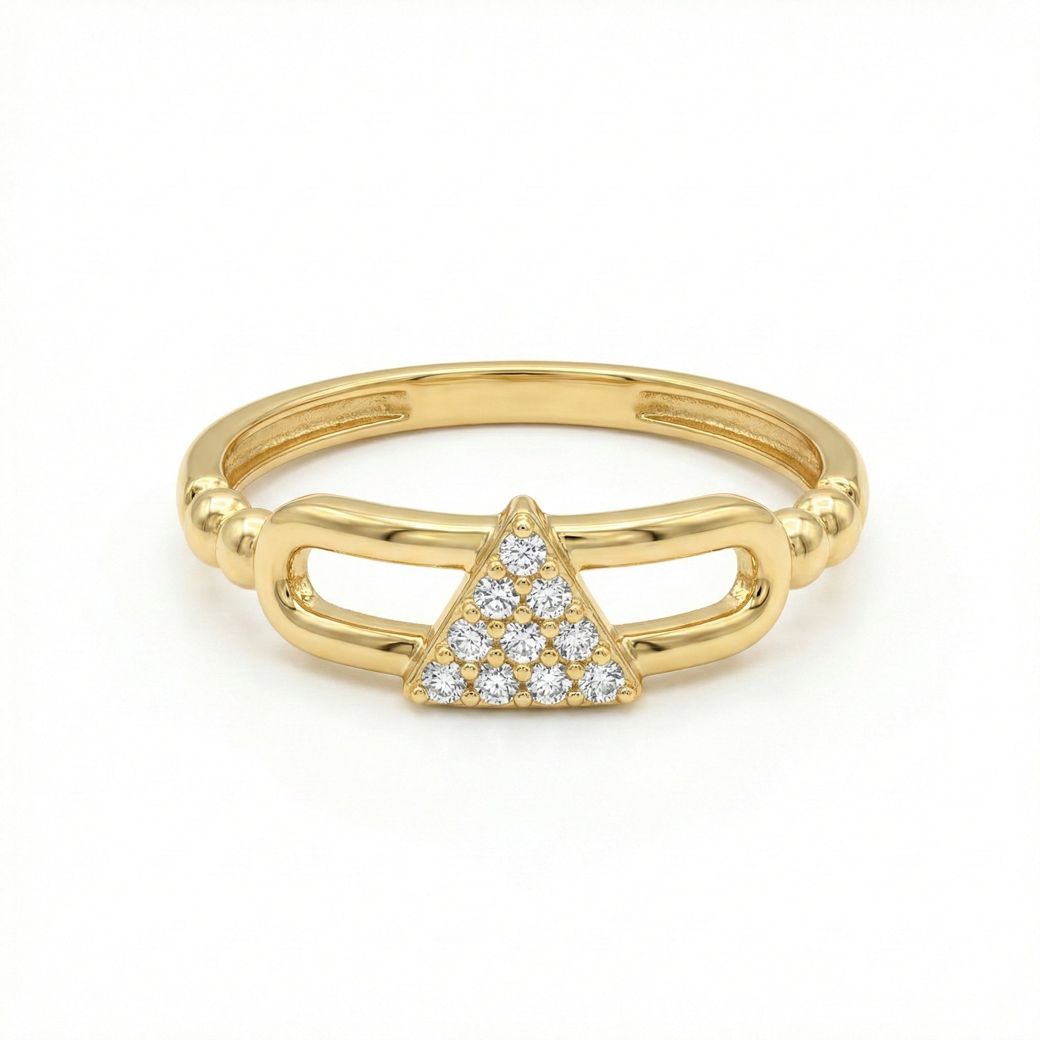 Gold ring with a diamond triangle design on a white background