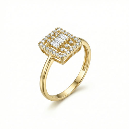 Gold ring with diamond accents on a white background