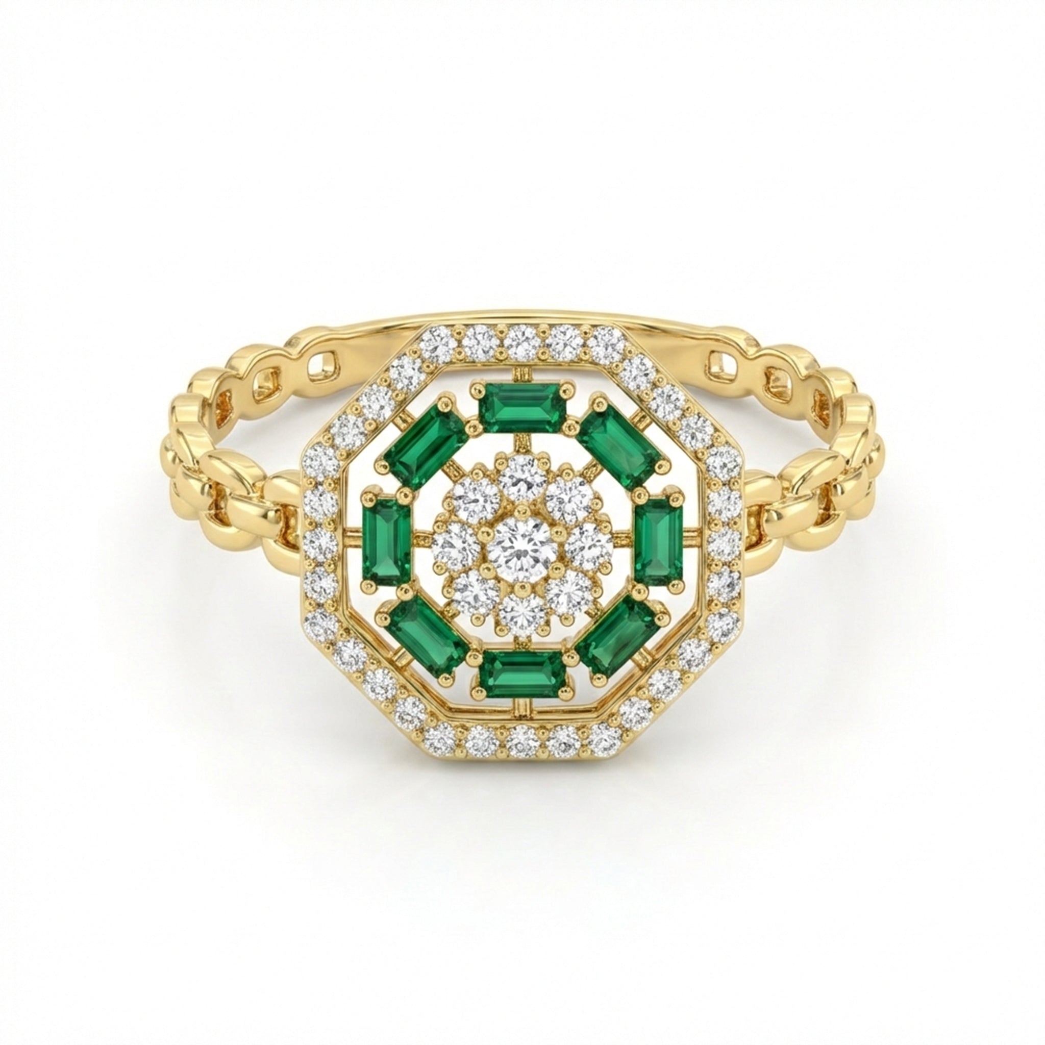 Gold ring with emeralds and diamonds on a white background