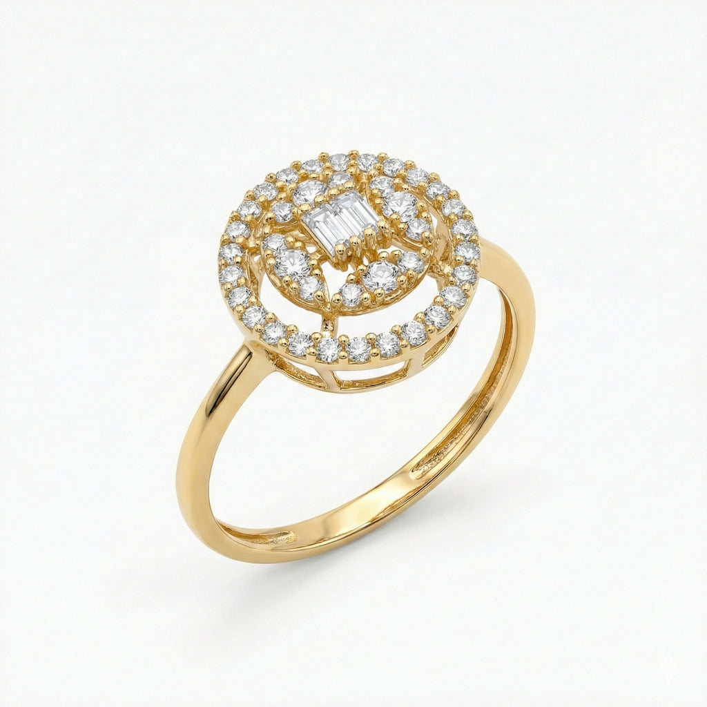 Gold ring with diamond accents on a white background