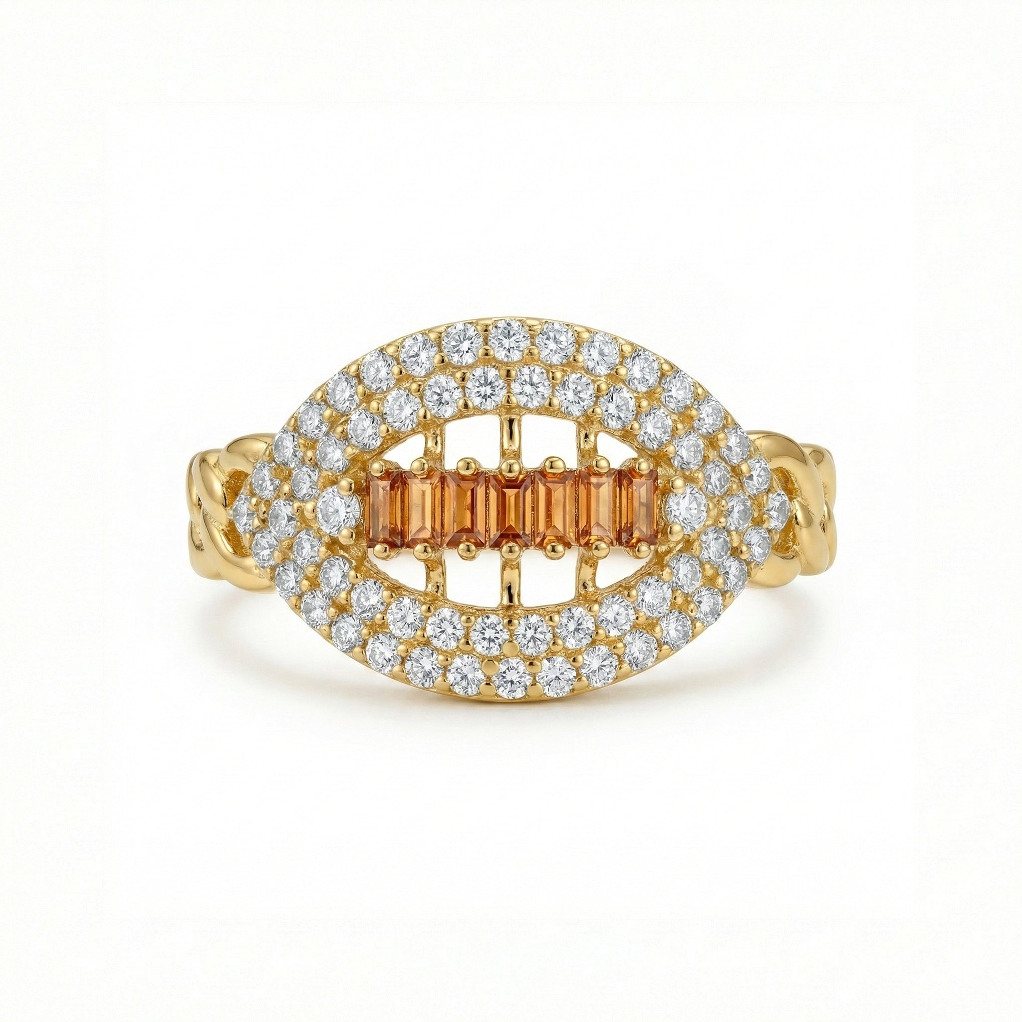 Gold ring with diamond accents on a white background