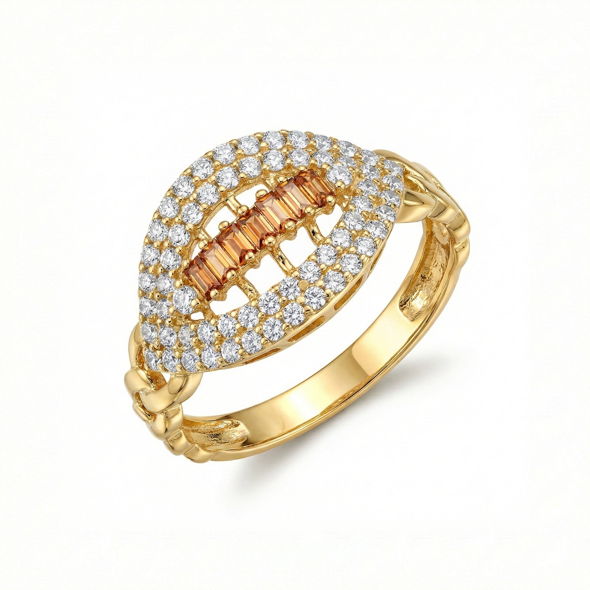 Gold ring with diamond and orange gemstone on a white background