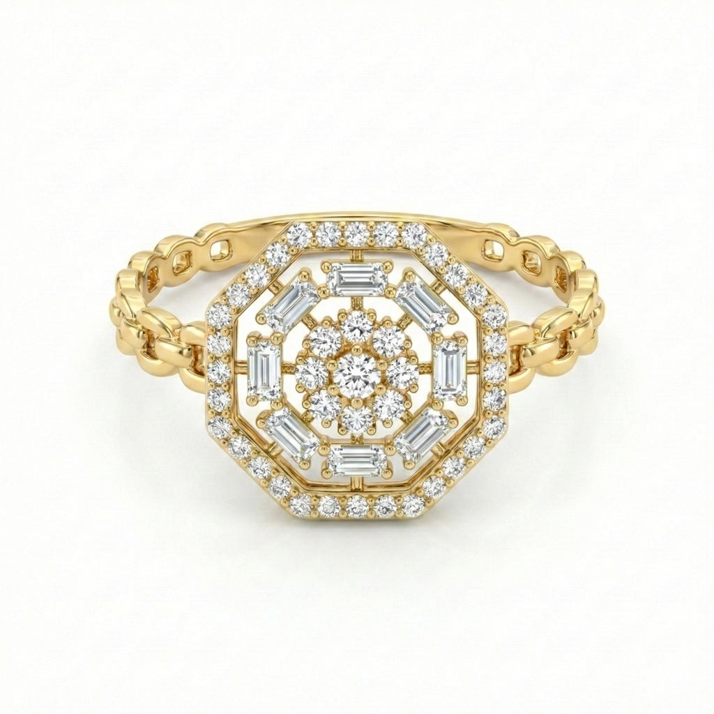 Gold ring with diamond accents on a white background