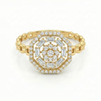 Gold ring with diamond accents on a white background