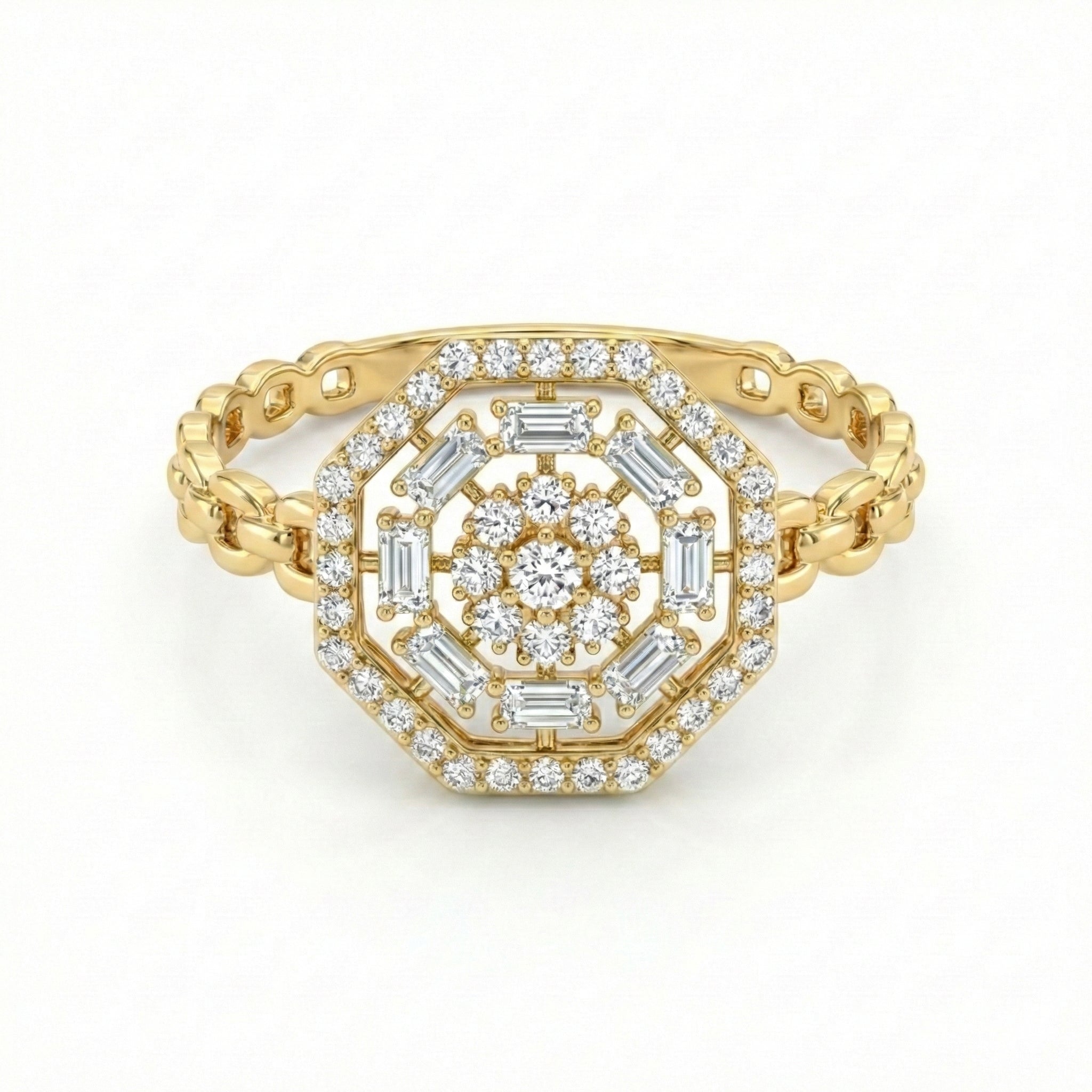 Gold ring with diamond accents on a white background