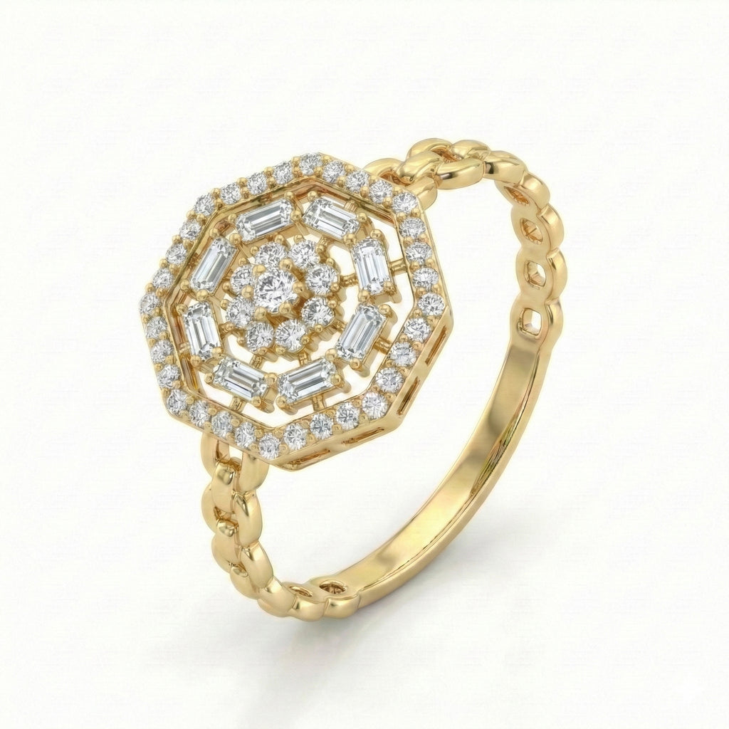 Gold ring with diamond accents on a white background