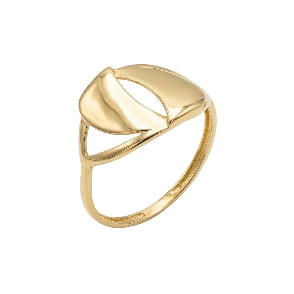 A high-resolution product shot of an Andria 18k yellow gold ring standing upright against a pure white background, highlighting its polished finish and modern architectural design featuring two curved, facing panels.