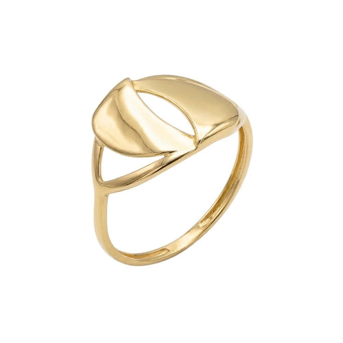 A high-resolution product shot of an Andria 18k yellow gold ring standing upright against a pure white background, highlighting its polished finish and modern architectural design featuring two curved, facing panels.