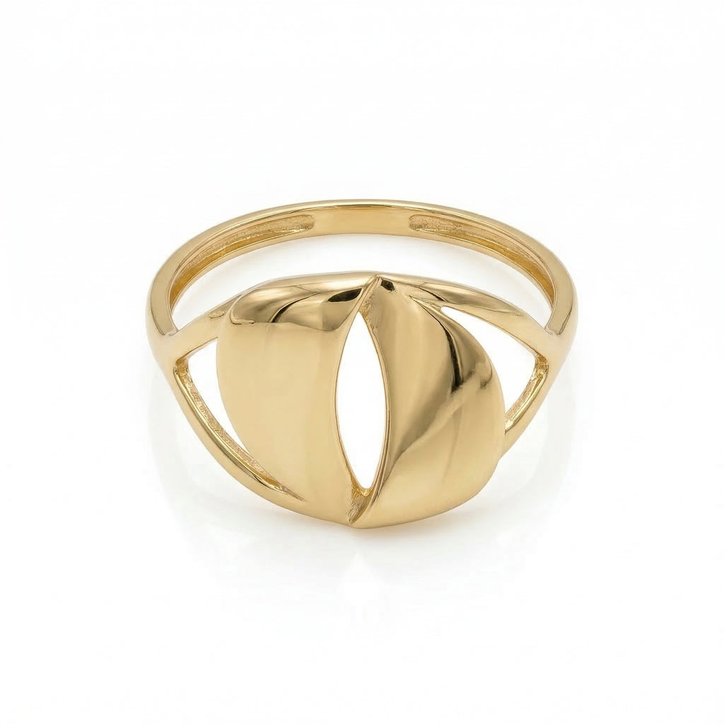 A top-down front view of an Andria 18k yellow gold ring lying flat on a pure white surface, showcasing the distinctive cut-out center and the smooth, reflective curves of the gold.