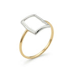 Alyans 18k yellow gold ring featuring a modern two-tone open rectangular design, standing upright at a three-quarter angle on a pure white background.