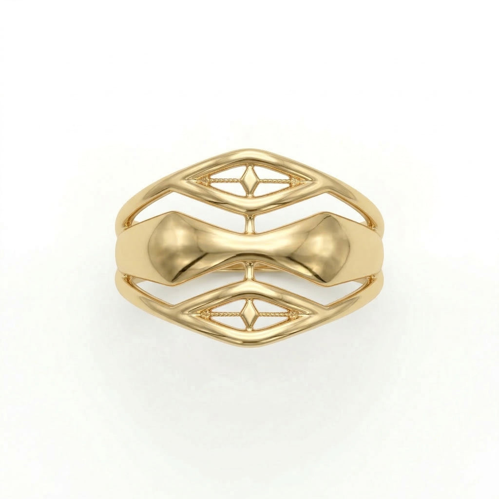 A top-down front view of an Andria 18k yellow gold ring lying flat on a pure white surface, showcasing the symmetrical, fluid cut-out patterns along the band.