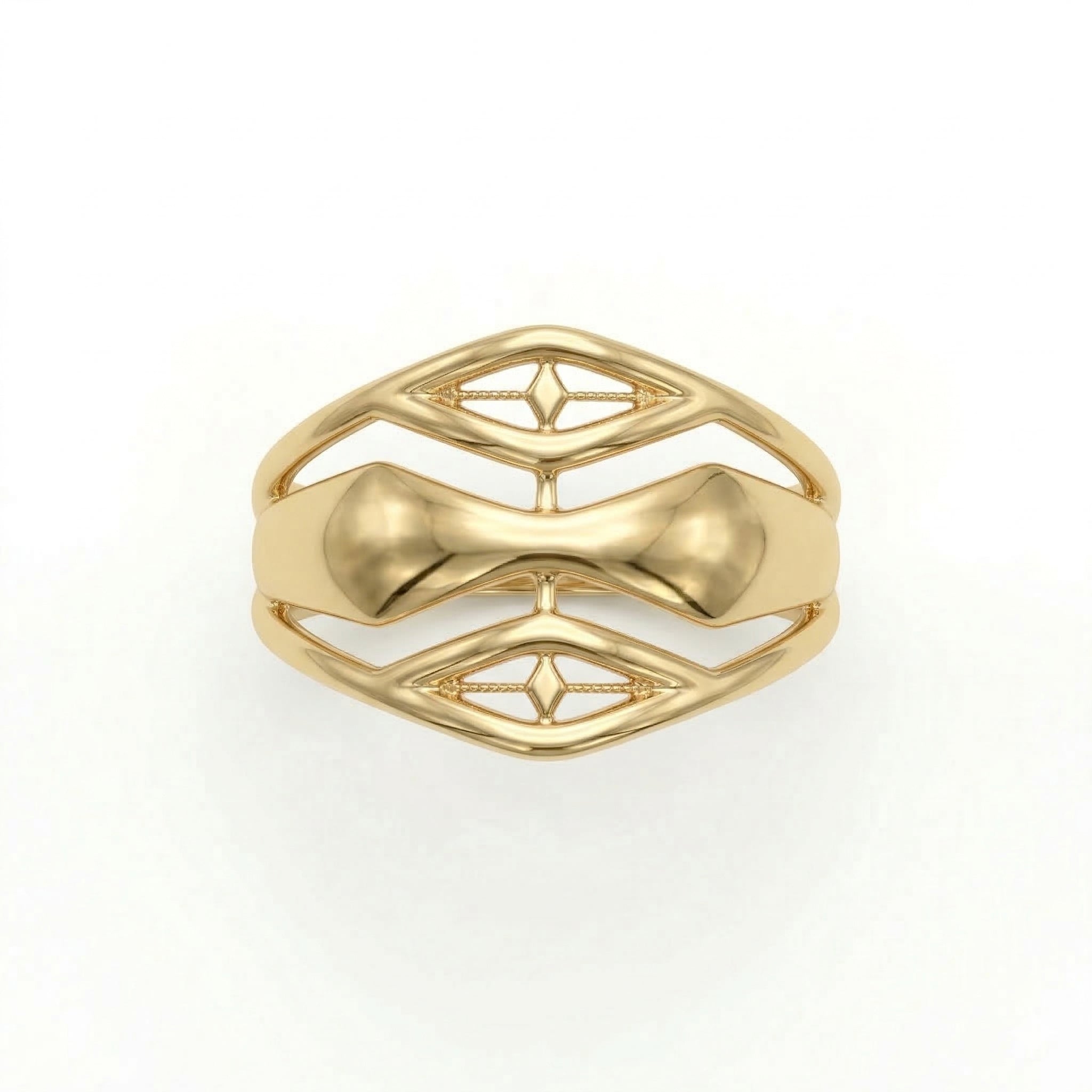 A top-down front view of an Andria 18k yellow gold ring lying flat on a pure white surface, showcasing the symmetrical, fluid cut-out patterns along the band.