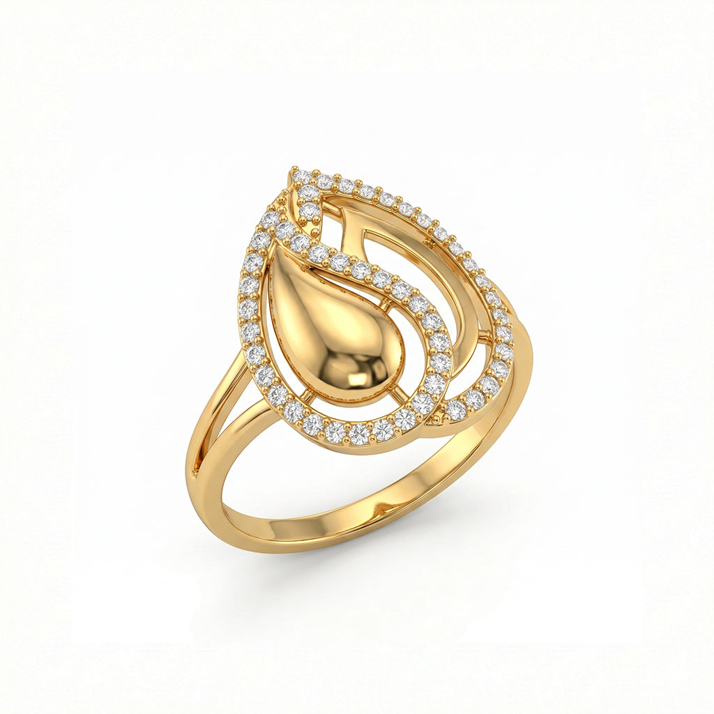 Fine Gold 18k yellow gold teardrop openwork ring featuring delicate stones and a polished center drop, set against a pure white background showcasing maximum shine. خاتم ذهب عيار 18 من فاين جولد بتصميم قطرة ماء مفرغ ومرصع بفصوص دقيقة مع جزء أملس لامع في المنتصف، معروض على خلفية بيضاء نقية.