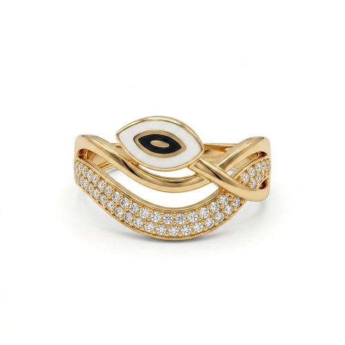 خاتم ذهب عيار 18 من دريمز جولد بتصميم عينDreams Gold 18k yellow gold intertwined ring featuring a white and black enamel evil eye design with a crystal-studded curved band, on a pure white background.  الحسود بمينا بيضاء وسوداء مع دبلة متداخلة مرصعة بالفصوص، على خلفية بيضاء.