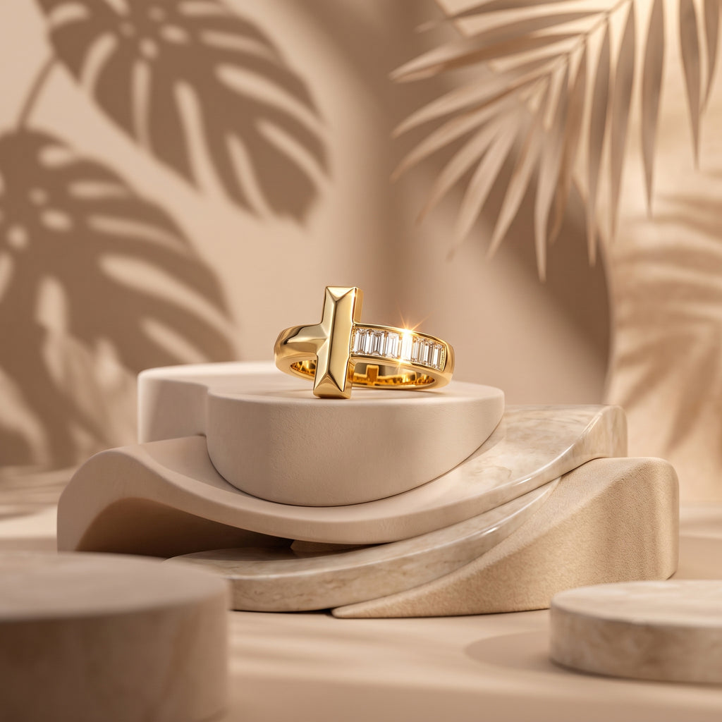 UNO 18k yellow gold T-shape ring with channel-set baguette stones displayed beautifully on soft, minimalistic nude pedestals.
عرض فاخر لخاتم أونو دهب عيار 18 بتصميم T وفصوص باجيت على استاندات نود ناعمة ومينيمال.