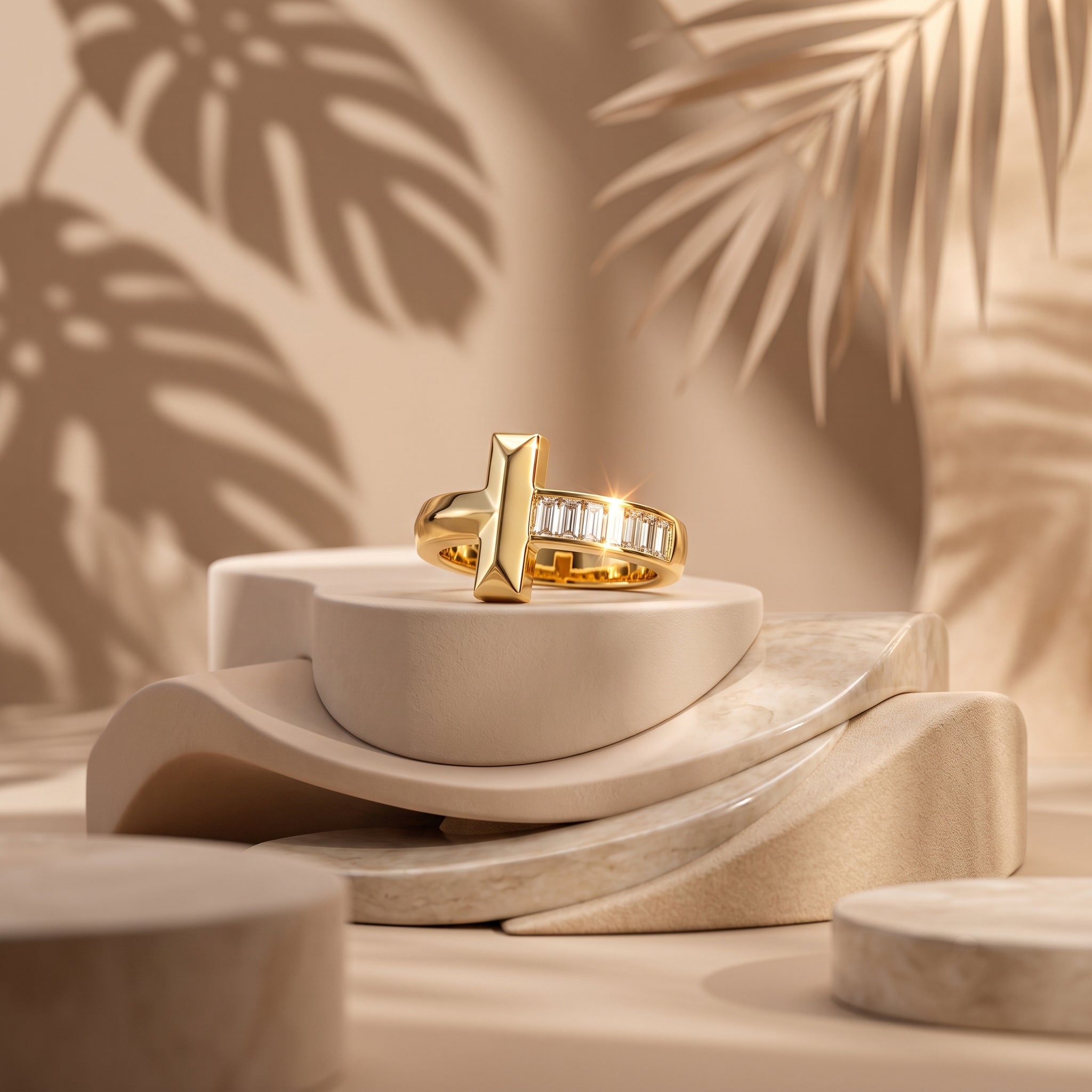 UNO 18k yellow gold T-shape ring with channel-set baguette stones displayed beautifully on soft, minimalistic nude pedestals.
عرض فاخر لخاتم أونو دهب عيار 18 بتصميم T وفصوص باجيت على استاندات نود ناعمة ومينيمال.