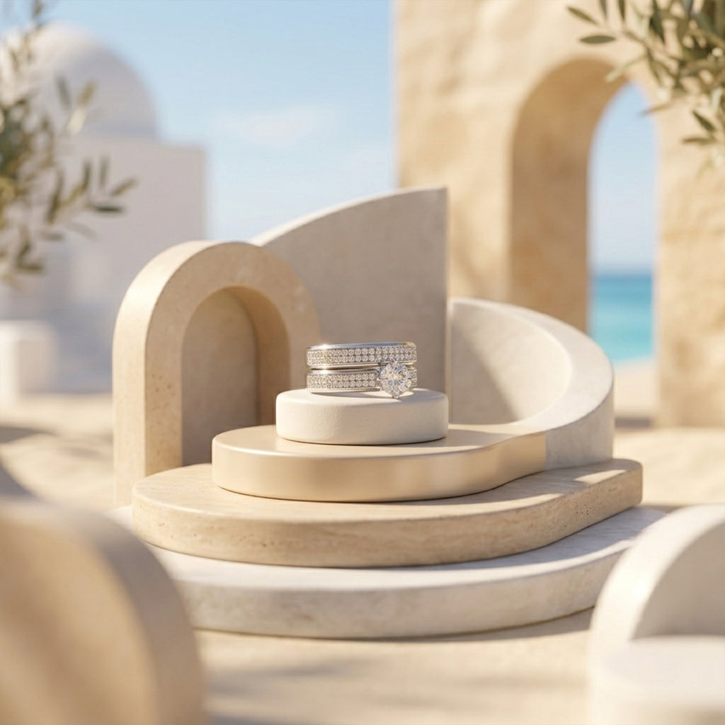 The 6.70g Egypt Gold 18k white gold twin ring set displayed elegantly on a modern architectural stone pedestal.	طقم توينز ذهب أبيض عيار 18 من إيجيبت جولد بوزن 6.70 جم معروض بأناقة على منصة حجرية معمارية حديثة.