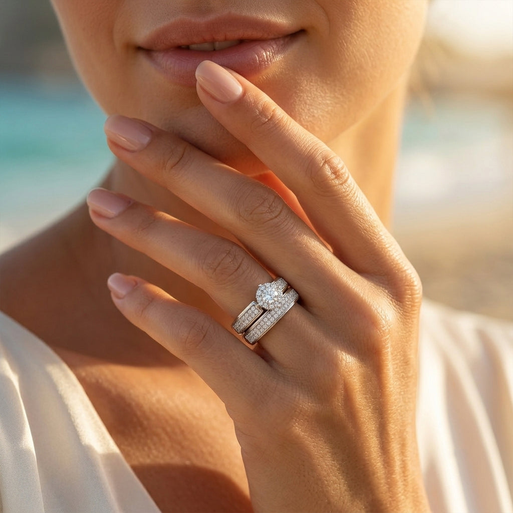Extreme close-up of a woman's hand gracefully modeling the Egypt Gold 18k white gold twin ring set at golden hour.	لقطة مقربة ليد امرأة تتألق بطقم توينز ذهب أبيض عيار 18 من إيجيبت جولد في وقت الغروب.
