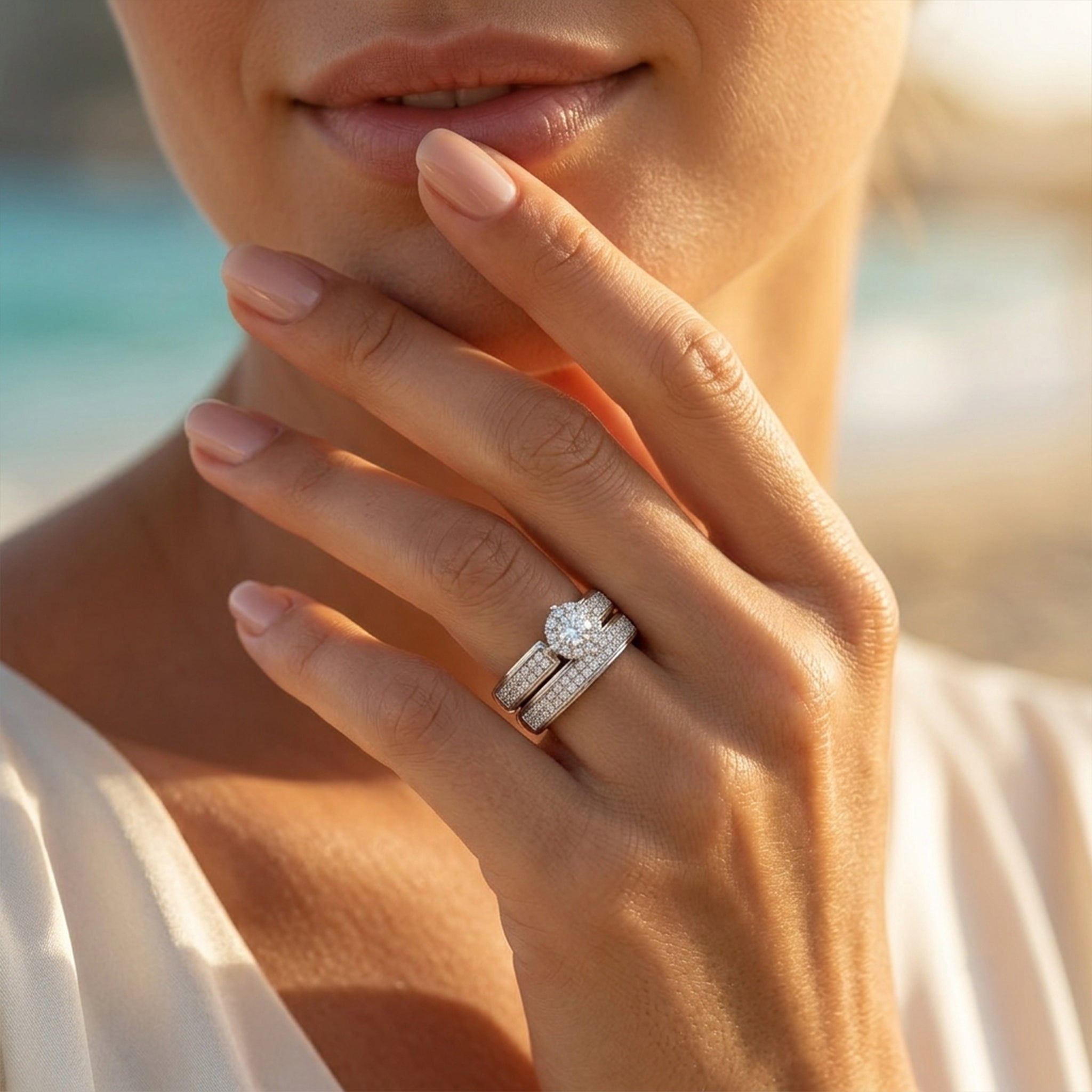 Extreme close-up of a woman's hand gracefully modeling the Egypt Gold 18k white gold twin ring set at golden hour.	لقطة مقربة ليد امرأة تتألق بطقم توينز ذهب أبيض عيار 18 من إيجيبت جولد في وقت الغروب.