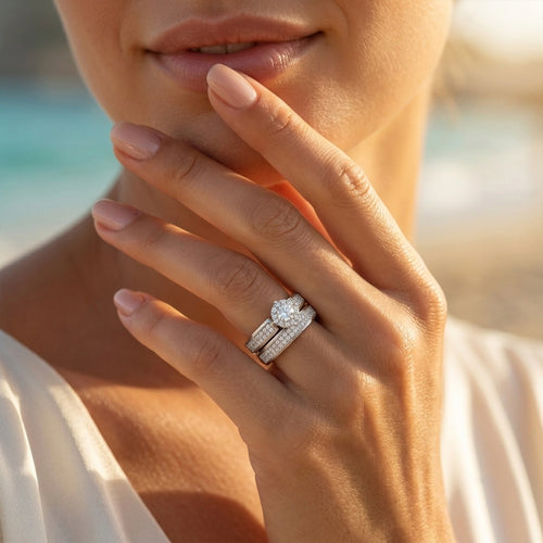 Extreme close-up of a woman's hand gracefully modeling the Egypt Gold 18k white gold twin ring set at golden hour.	لقطة مقربة ليد امرأة تتألق بطقم توينز ذهب أبيض عيار 18 من إيجيبت جولد في وقت الغروب.