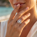 Extreme macro shot of a woman wearing the 7.61g Egypt Gold floral white gold twin ring set posed delicately near her lips.	لقطة مقربة ليد عارضة ترتدي طقم خواتم توينز ذهب أبيض بتصميم وردة 7.61 جرام من إيجيبت جولد بالقرب من شفتيها.