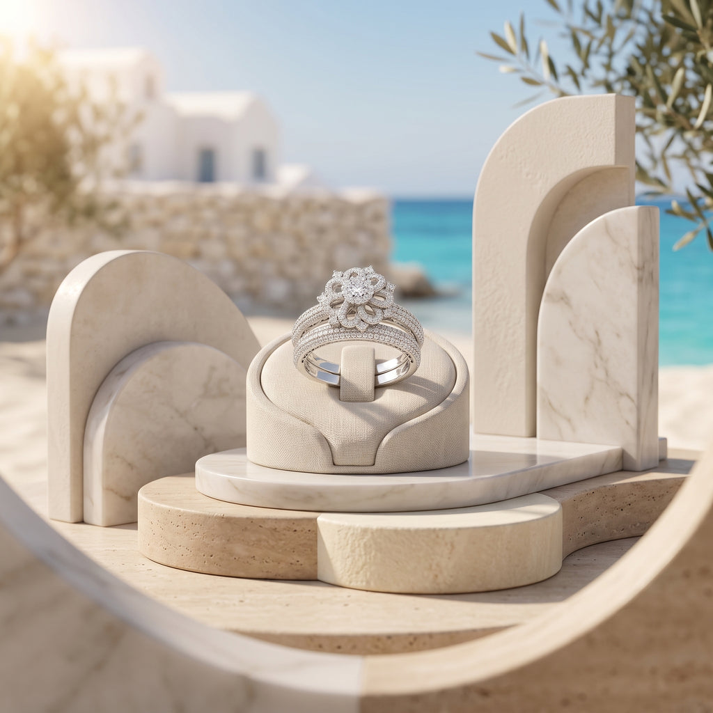 Luxury product photography of the 7.61g Egypt Gold floral white gold twin rings displayed on a modern travertine pedestal with a Mediterranean background.	تصوير منتج فاخر لطقم خواتم توينز ذهب أبيض بتصميم وردة من إيجيبت جولد بوزن 7.61 جرام معروض على قاعدة معمارية أنيقة.