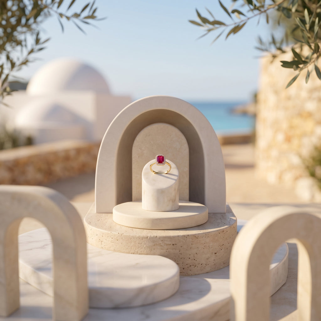 Premium product display of the King Gold 0.96g pink stone ring resting upright on a contemporary limestone architectural pedestal.	عرض فاخر لخاتم كينج جولد بوزن 0.96 جم بفص وردي، مرتكز على منصة حجرية معمارية بتصميم عصري.