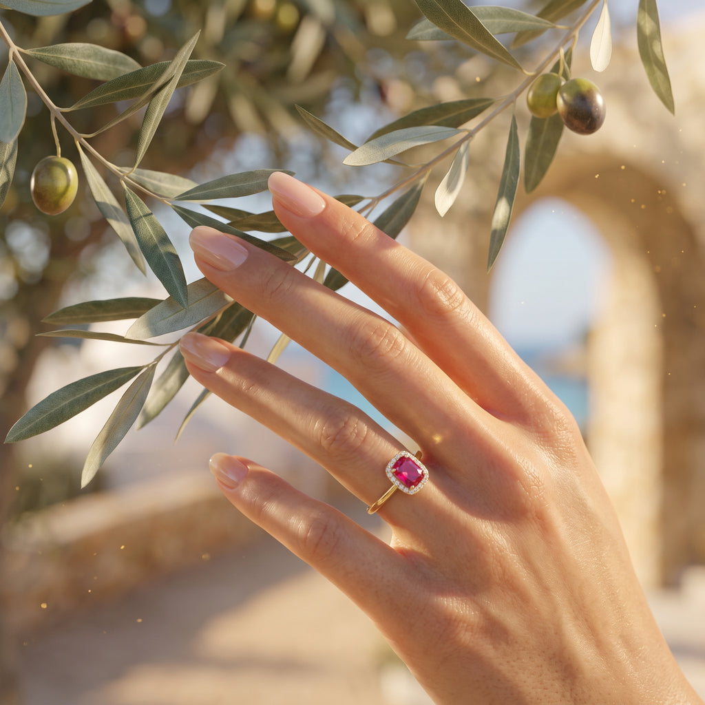 Macro close-up of a woman's fingertips gently touching an olive branch while wearing the delicate 0.96g King Gold ring during golden hour.	لقطة مقربة جداً لأطراف أصابع امرأة تلمس غصن زيتون بلطف بينما ترتدي خاتم كينج جولد الرقيق بوزن 0.96 جم وقت الغروب.