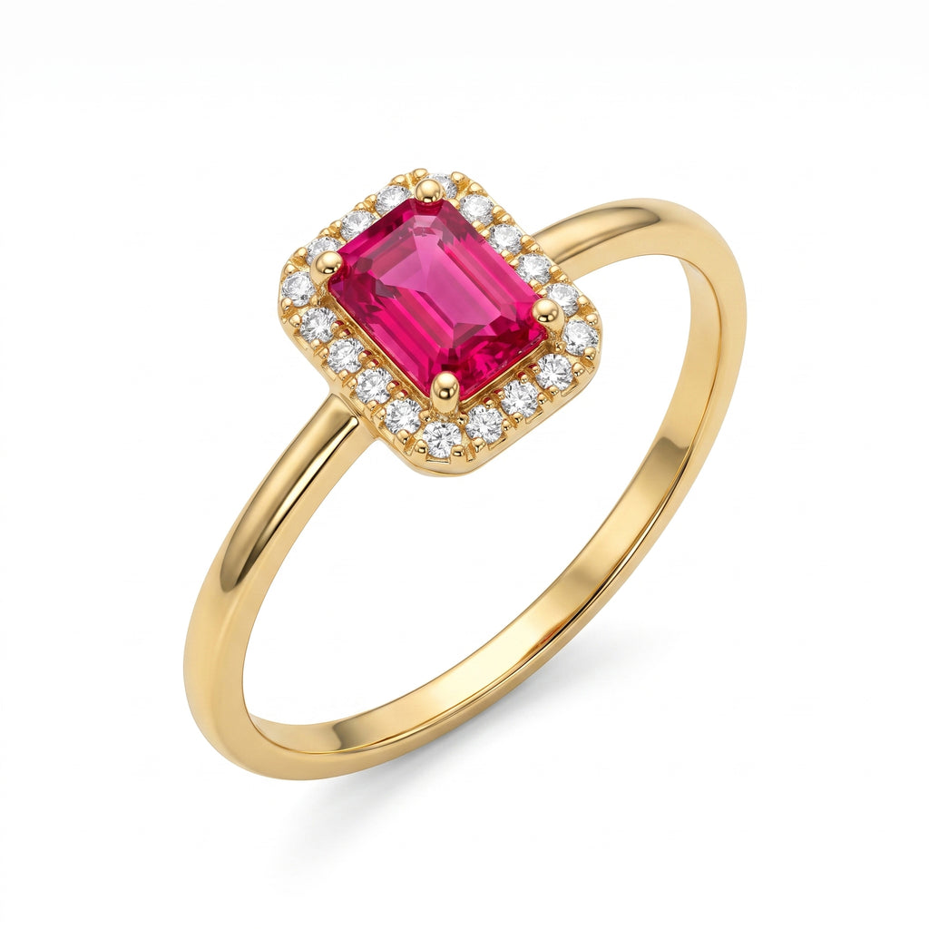 King Gold 0.96g delicate gold ring with a rectangular pink center stone and white stone halo, isolated on a pure white background.	خاتم ذهب رقيق بوزن 0.96 جم بفص وردي مستطيل وأحجار بيضاء من كينج جولد، معزول على خلفية بيضاء نقية.