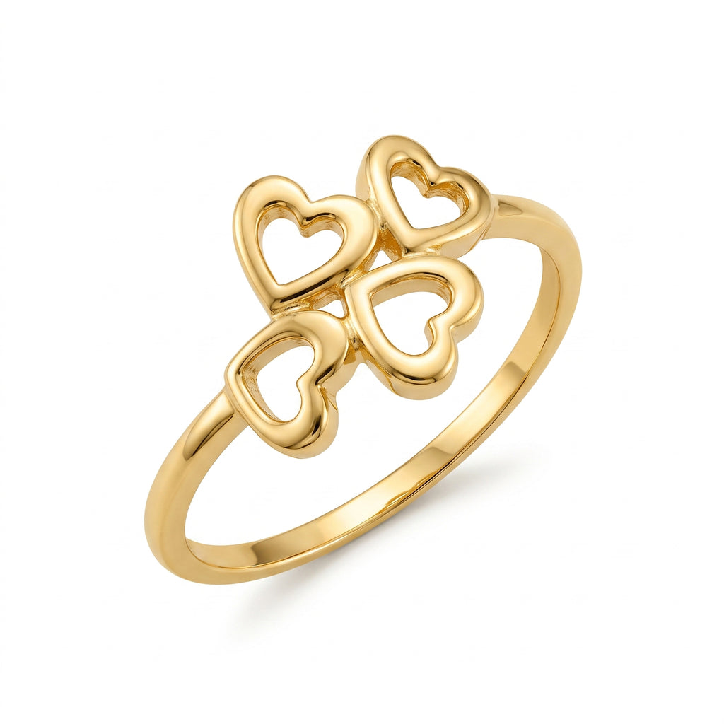 Lamar delicate four hearts ring, 18k yellow gold, pure white background for e-commerce.	خاتم لامار الرقيق بتصميم 4 قلوب، ذهب أصفر عيار 18، على خلفية بيضاء نقية.