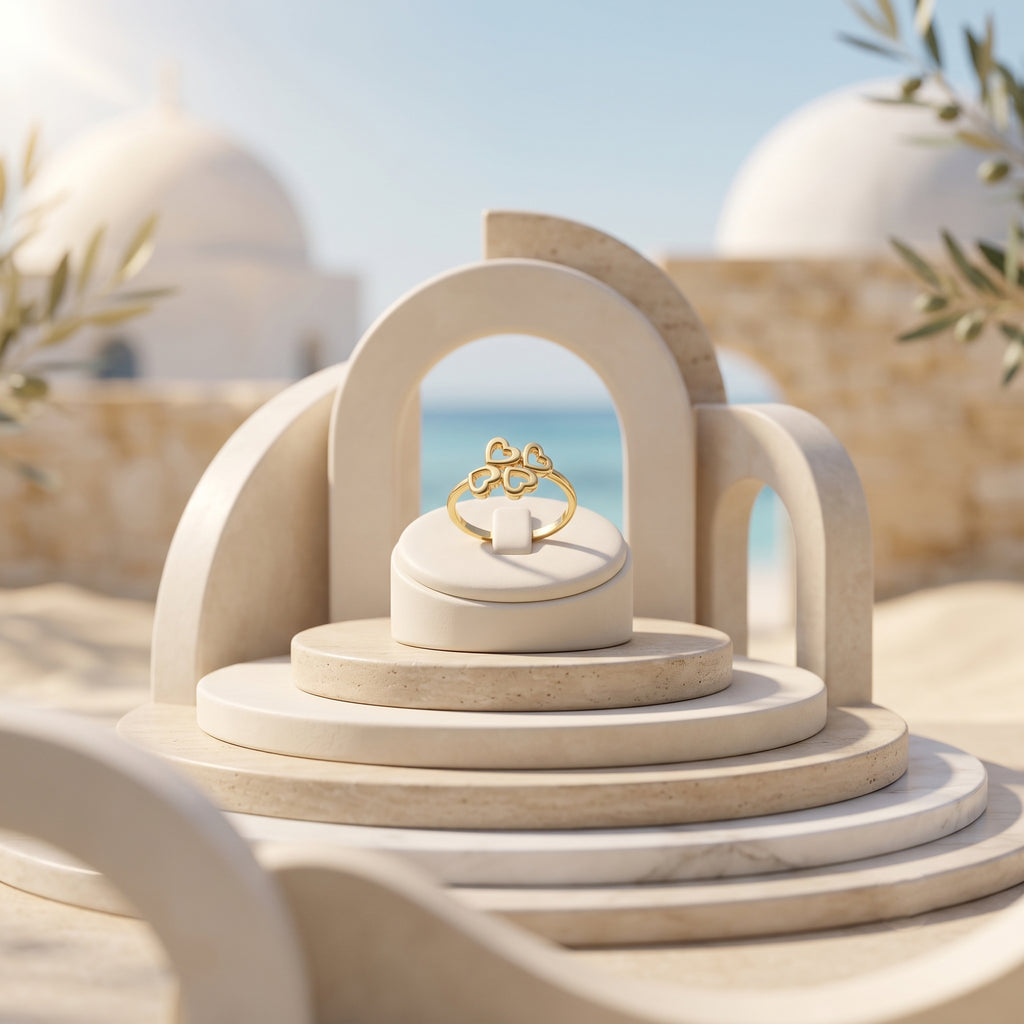 Lamar four hearts ring, 18k yellow gold, displayed on a minimalist sculptural pedestal with a coastal background.	خاتم لامار بتصميم 4 قلوب، ذهب أصفر عيار 18، معروض على منصة حجرية بتصميم بسيط مع خلفية ساحلية