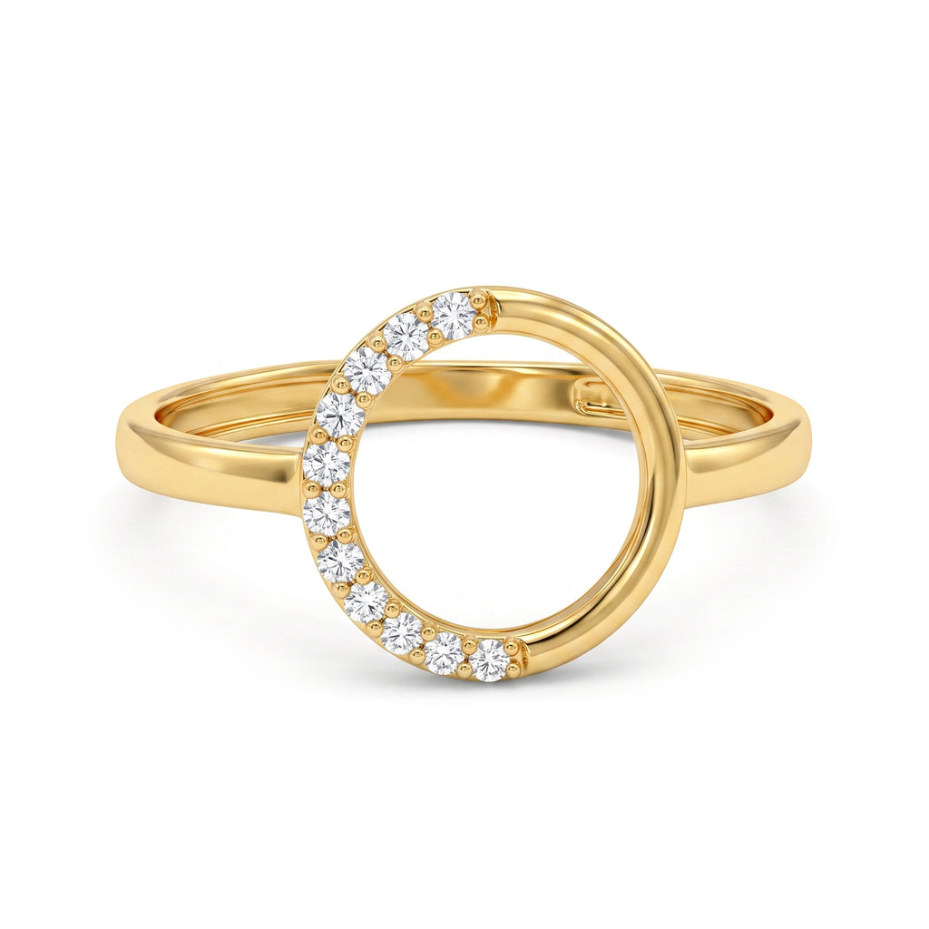 King Gold 18k yellow gold open circle ring with stones, pure white background for e-commerce.	خاتم كينج جولد دائري مفتوح مرصع بالفصوص، ذهب أصفر عيار 18، خلفية بيضاء نقية.