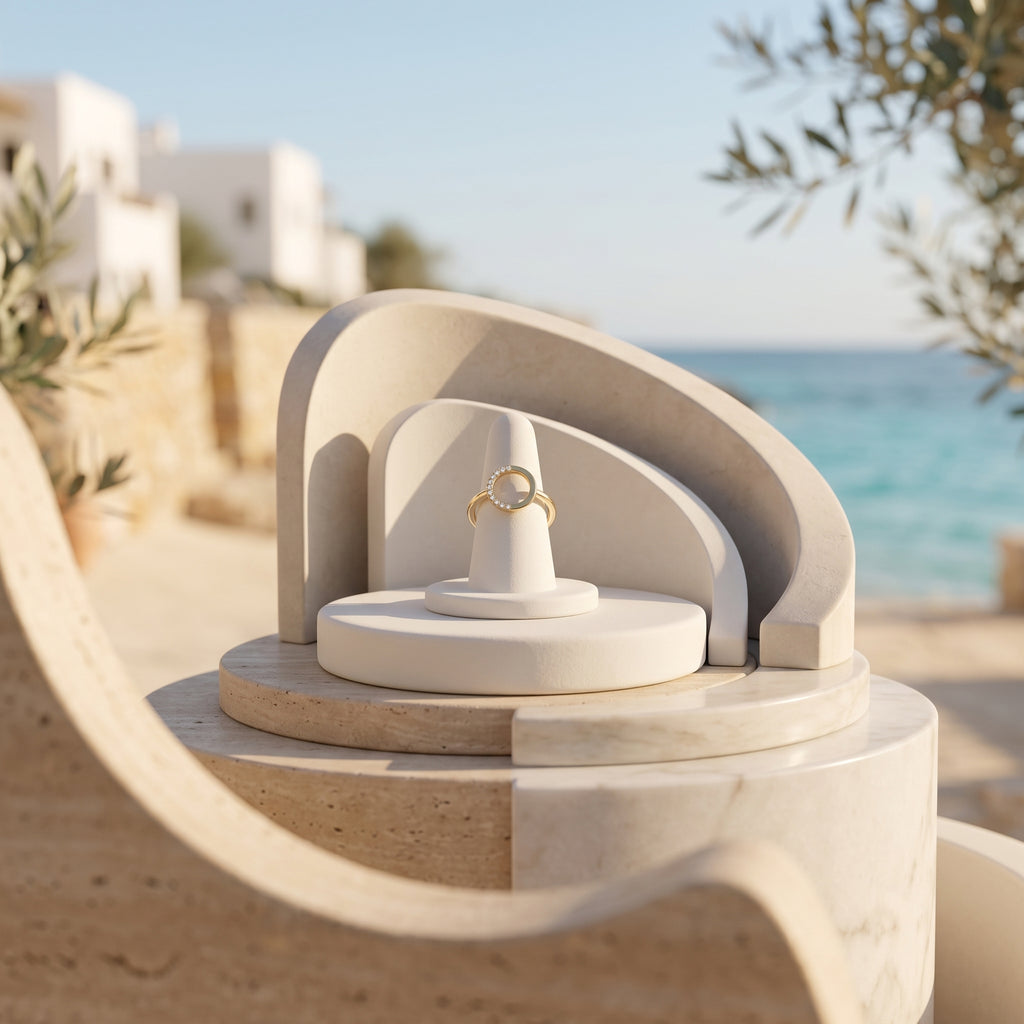 King Gold open circle ring, 18k gold, displayed on a minimalist travertine pedestal with a coastal background.	خاتم كينج جولد الدائري، ذهب عيار 18، معروض على منصة حجرية بسيطة مع خلفية ساحلية.
