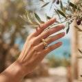 Feminine hand delicately touching an olive branch, wearing a 5.37g L'azurde 18k gold bypass ring. يد رقيقة تلمس غصن زيتون بلطف وترتدي خاتم لازوردي التفافي من الذهب عيار 18 بوزن 5.37 جرام.