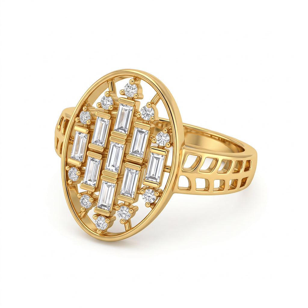 Loaloaa gold oval statement ring with baguette stones on a pure white background.	خاتم ذهب بيضاوي من لؤلؤة مرصع بالأحجار على خلفية بيضاء نقية.