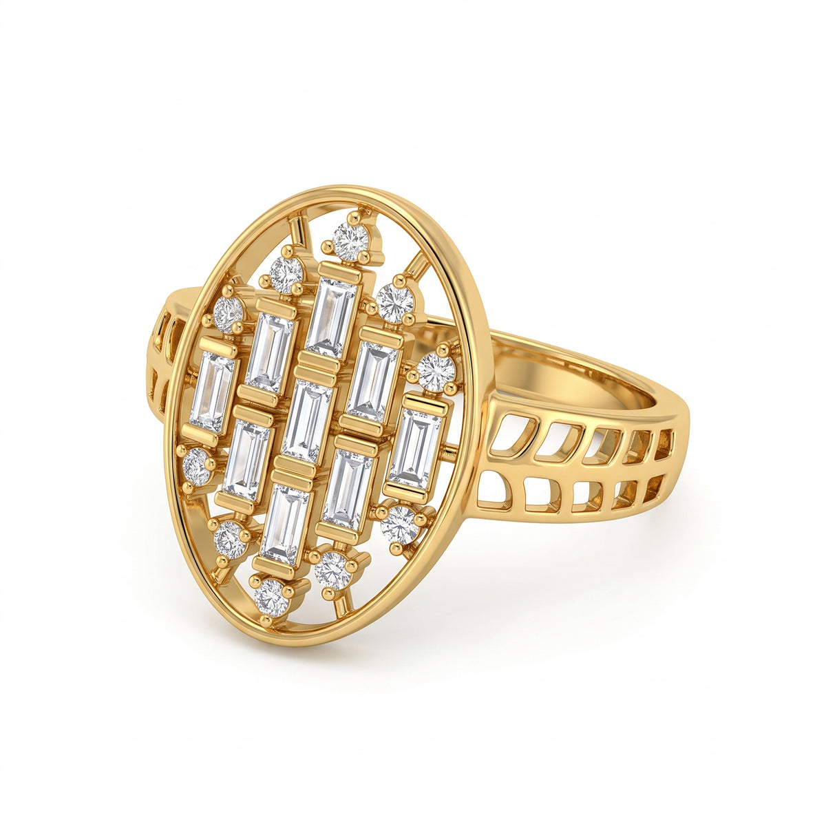 Loaloaa gold oval statement ring with baguette stones on a pure white background.	خاتم ذهب بيضاوي من لؤلؤة مرصع بالأحجار على خلفية بيضاء نقية.