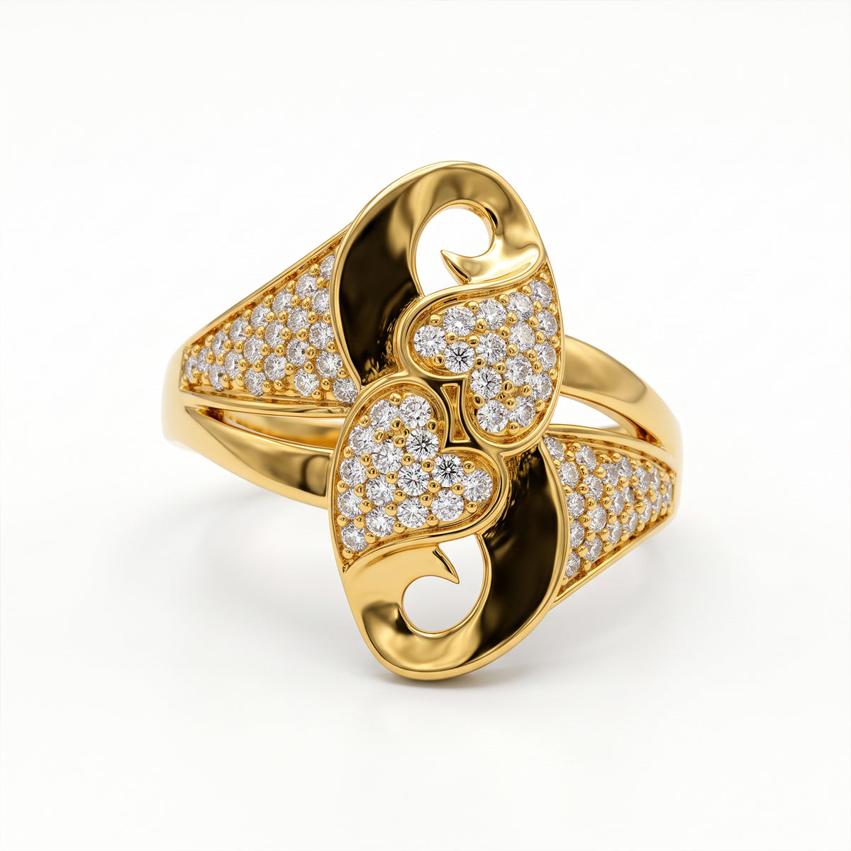 Andria gold interlocking heart ring with sparkling stones on a pure white background.	خاتم أندريا ذهب بتصميم قلوب متداخلة وأحجار براقة على خلفية بيضاء نقية.