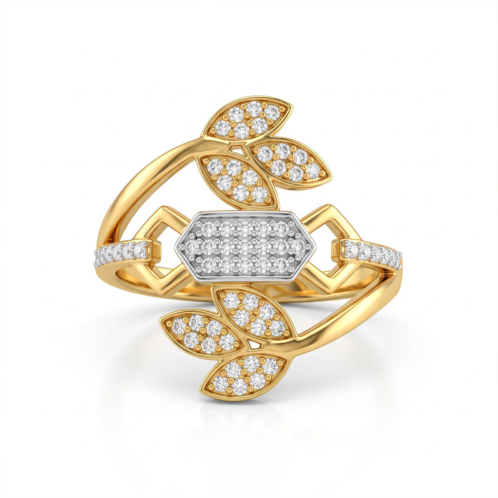 Fine Gold botanical leaf ring with pave stones on a pure white background.	خاتم فاين جولد ذهب بتصميم أوراق الشجر المرصعة على خلفية بيضاء نقية.