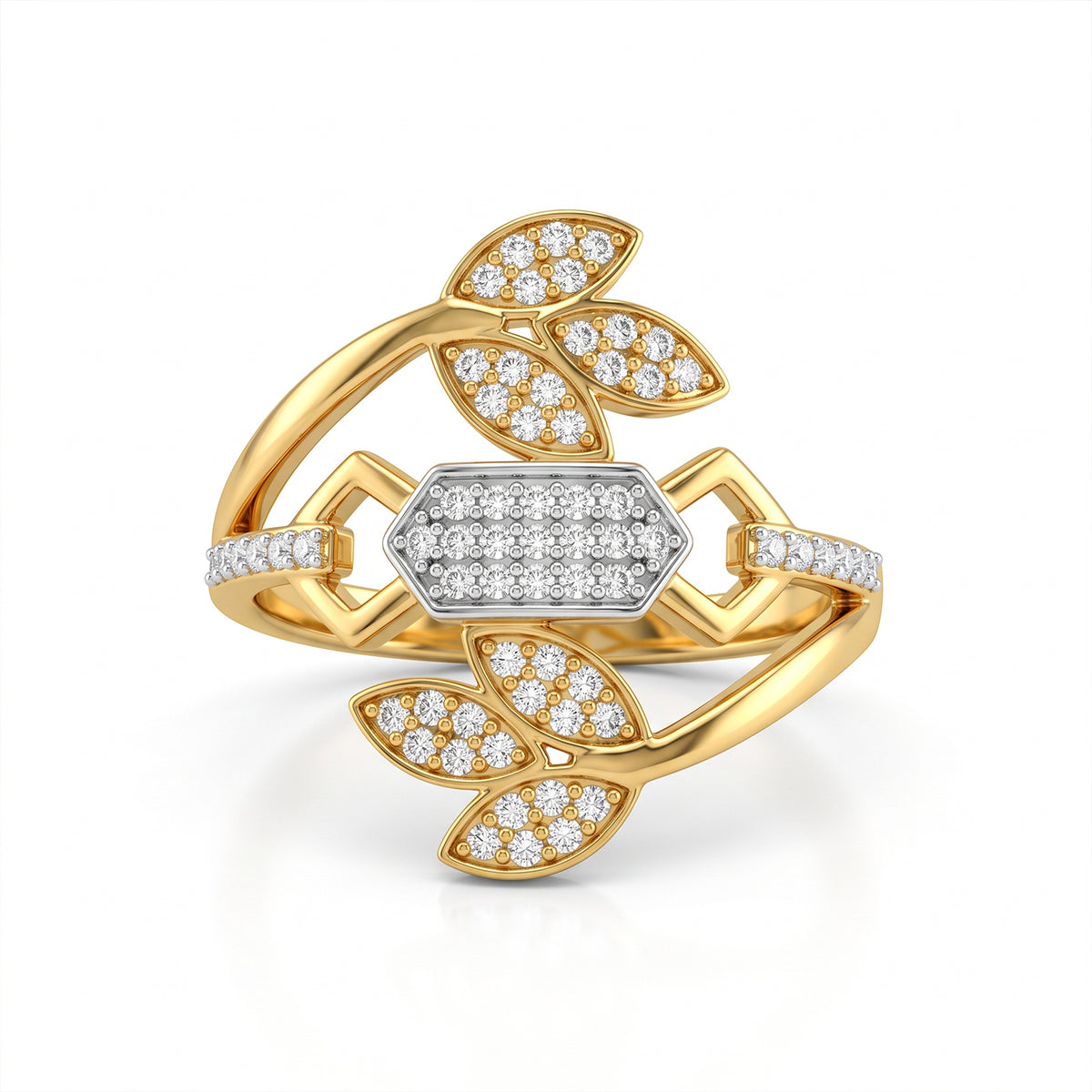 Fine Gold botanical leaf ring with pave stones on a pure white background.	خاتم فاين جولد ذهب بتصميم أوراق الشجر المرصعة على خلفية بيضاء نقية.