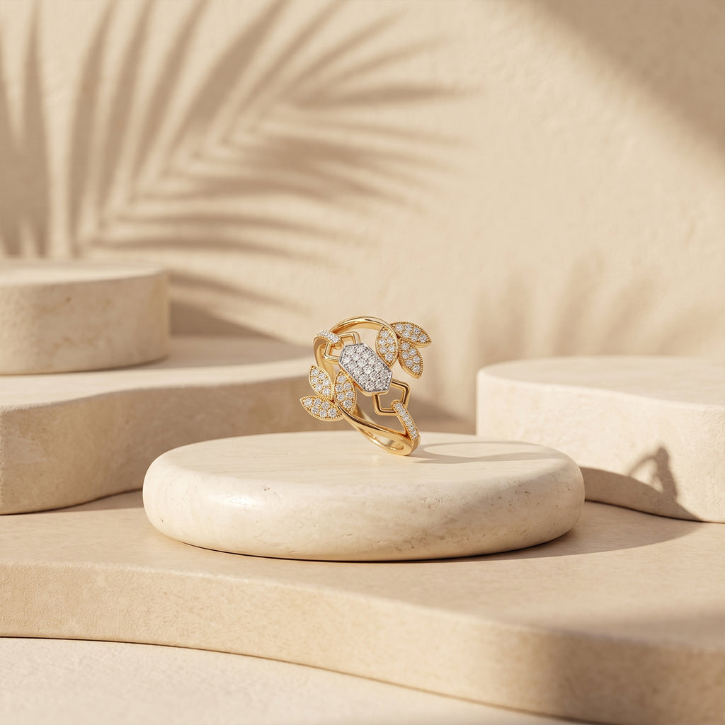 Fine Gold botanical ring displayed elegantly on a minimalist ivory sculptural pedestal.	خاتم فاين جولد النباتي معروض بأناقة على قاعدة نحتية عاجية بتصميم بسيط.