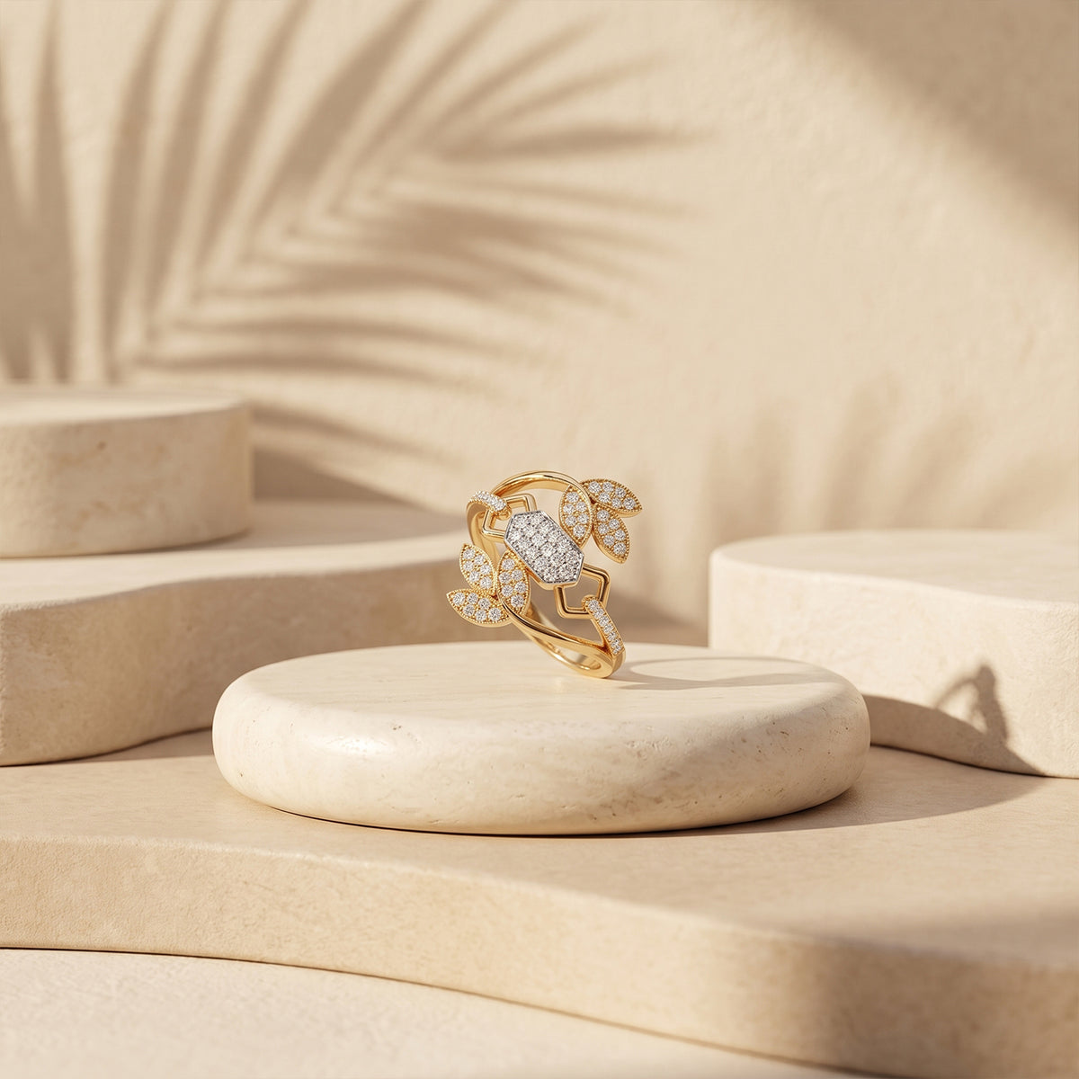 Fine Gold botanical ring displayed elegantly on a minimalist ivory sculptural pedestal.	خاتم فاين جولد النباتي معروض بأناقة على قاعدة نحتية عاجية بتصميم بسيط.