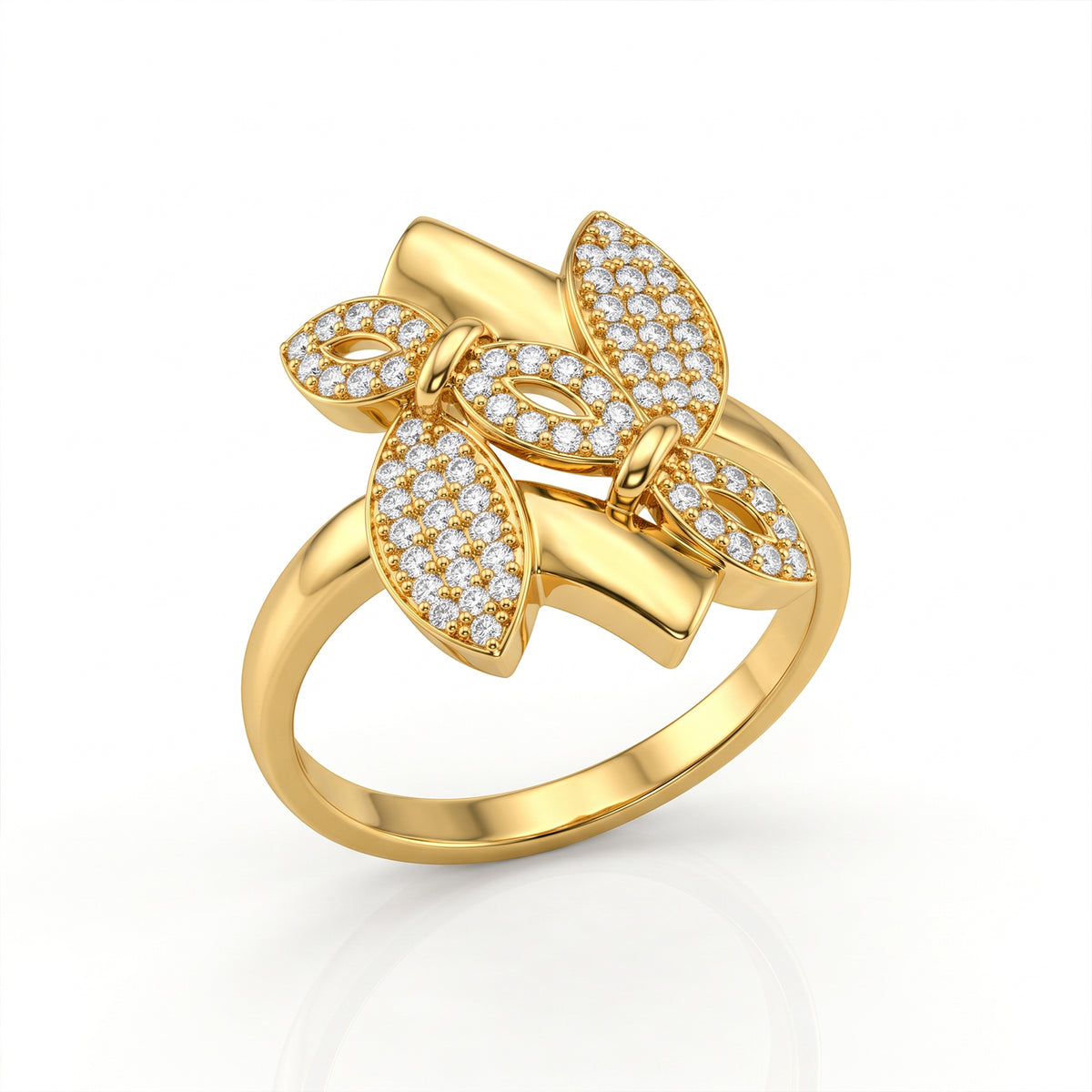 Fine Gold floral pave ring on a pure white background.	خاتم فاين جولد ذهب بتصميم زهرة مرصعة على خلفية بيضاء نقية.