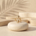 Fine Gold abstract pave ring displayed elegantly on a minimalist ivory sculptural pedestal.	خاتم فاين جولد الهندسي معروض بأناقة على قاعدة نحتية عاجية بتصميم بسيط.