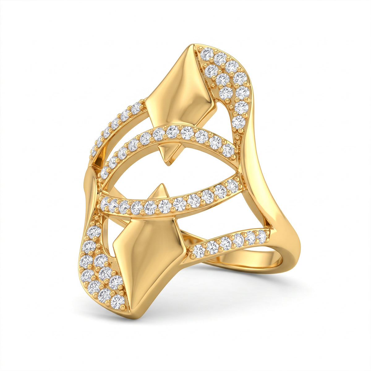 Fine Gold abstract geometric pave ring on a pure white background.	خاتم فاين جولد ذهب بتصميم هندسي مرصع على خلفية بيضاء نقية.