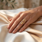 Fine Gold abstract ring on a woman's hand resting gracefully on luxurious ivory silk.	خاتم فاين جولد الذهبي على يد امرأة تستريح بنعومة على قماش حرير عاجي فاخر.