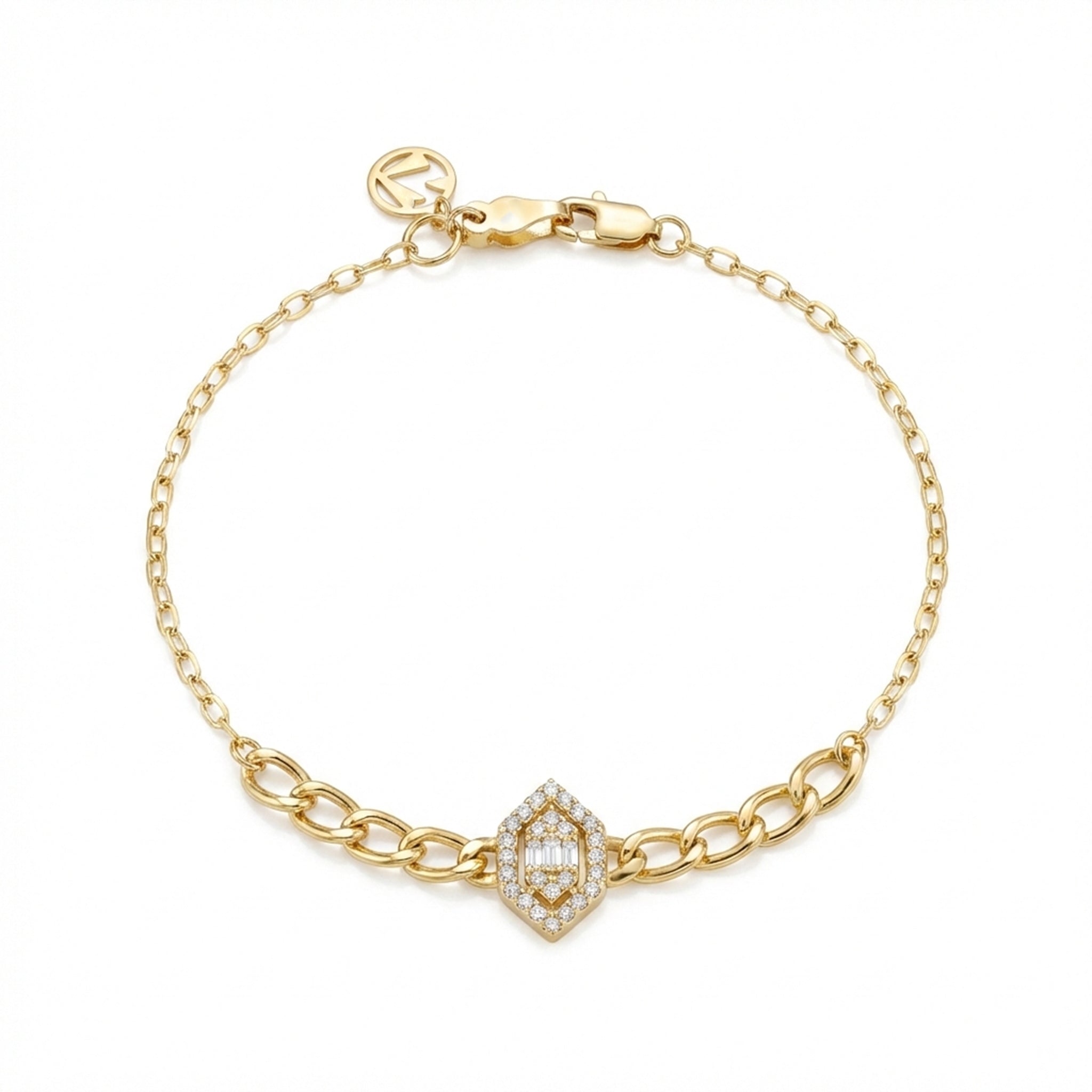 Gold bracelet with a decorative clasp on a white background