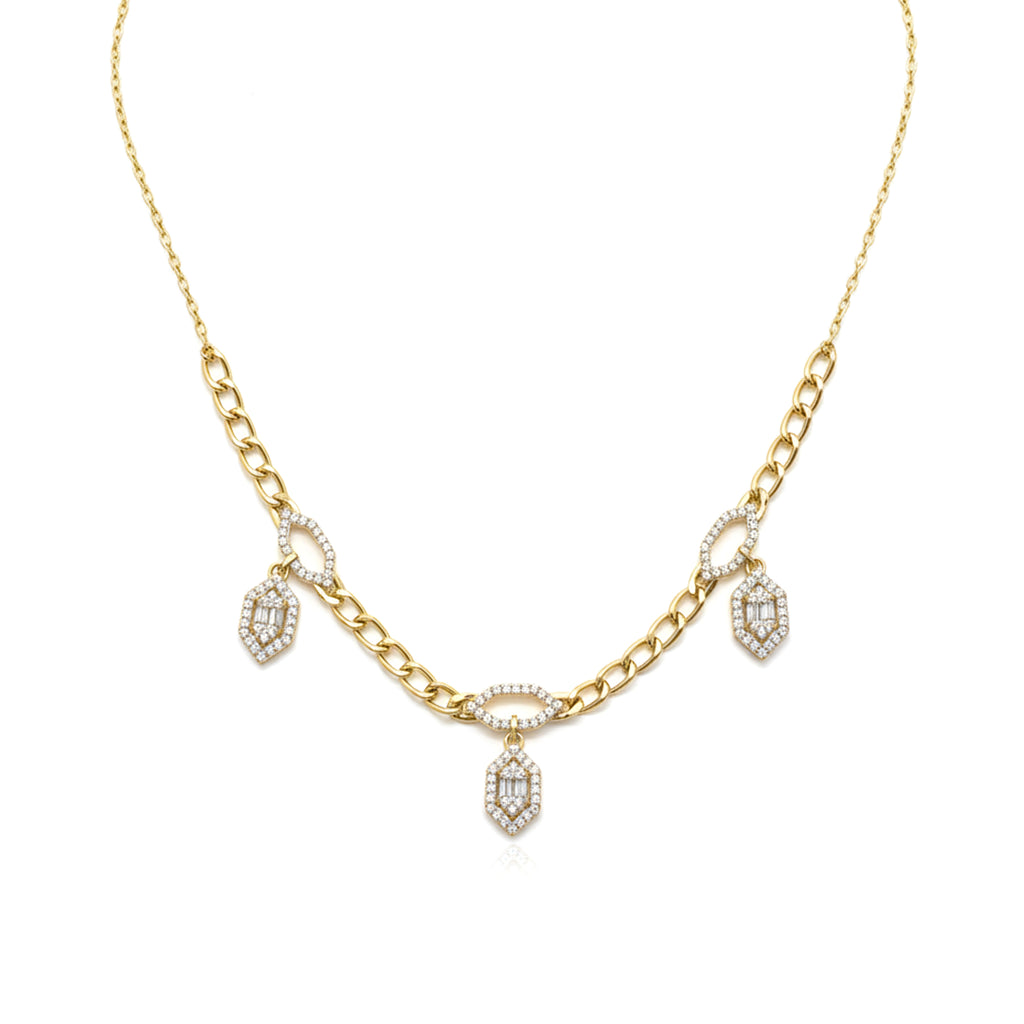 Gold necklace with diamond pendants on a white background