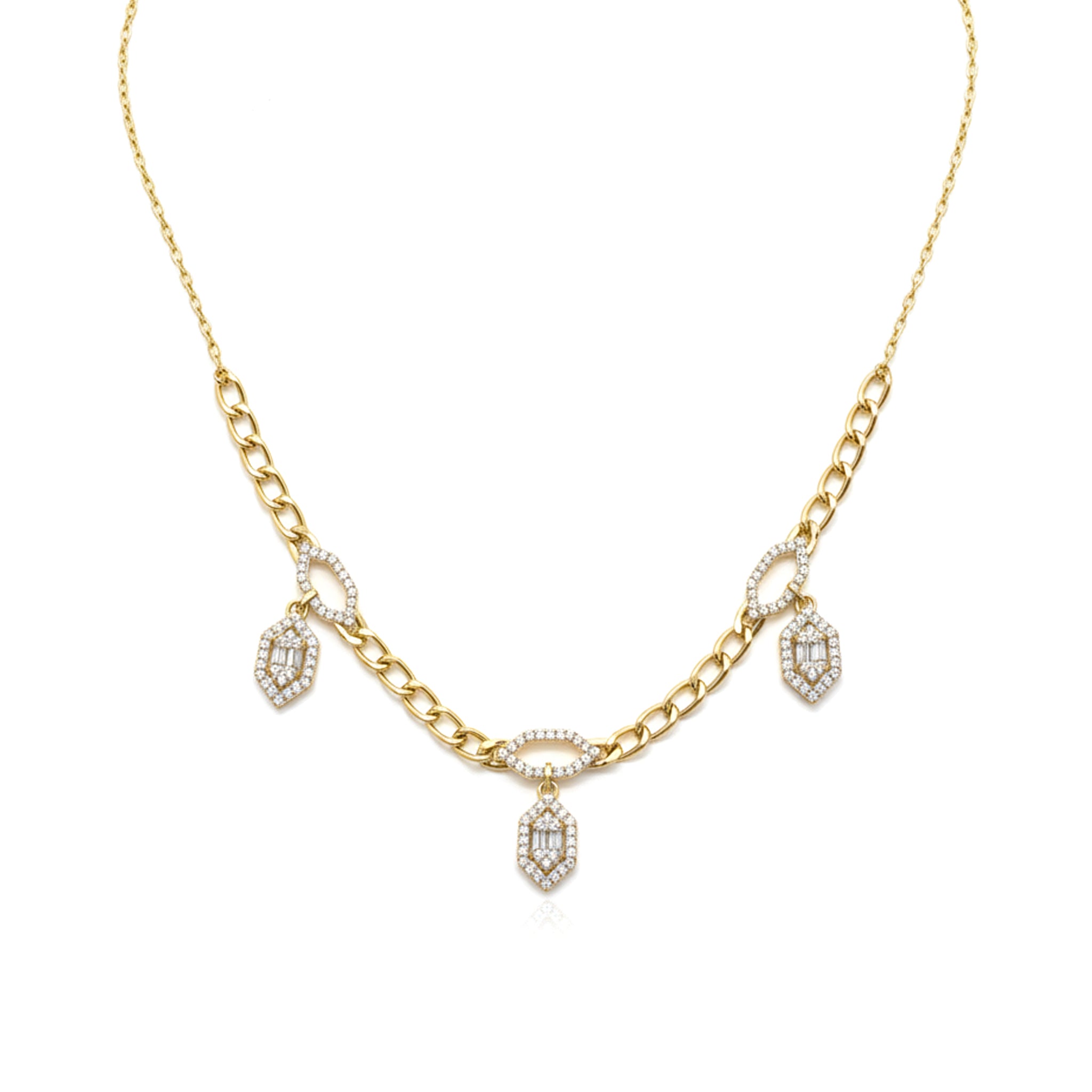 Gold necklace with diamond pendants on a white background