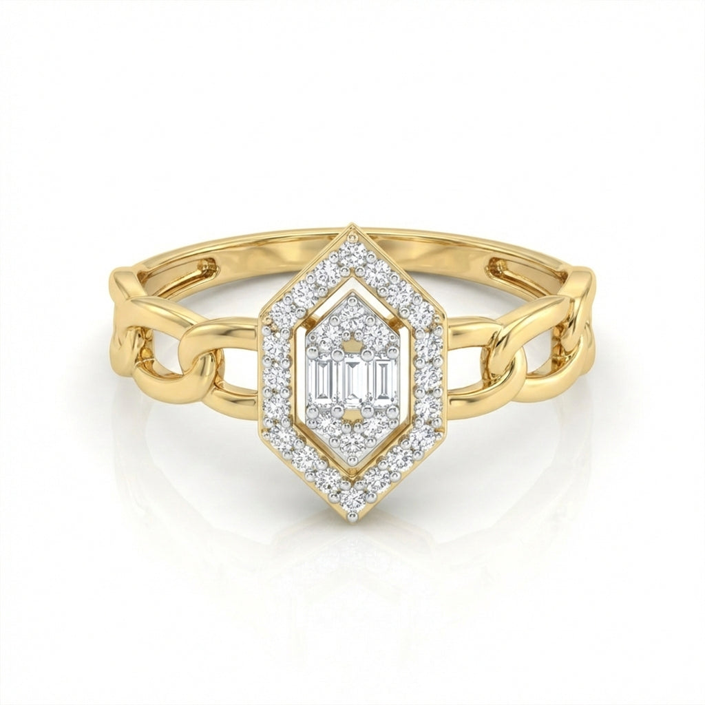 Gold ring with a diamond on a white background